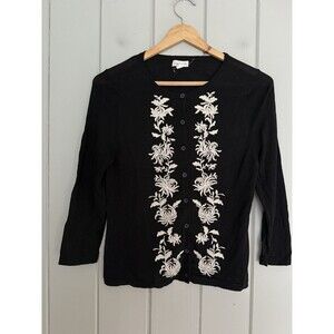 Garnet Hill Cardigan Sweater Small Signature Eco Merino Wool Floral Black White